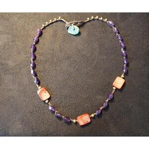 Bohemian Purple Bead & Orange Shell Beaded Necklace - Artisan Handcrafted